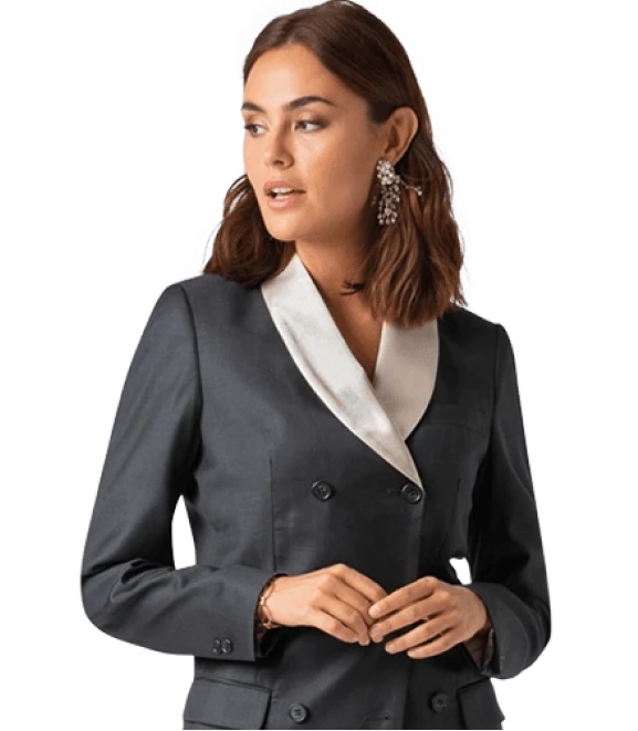 Black 6B double breasted shiny Tuxedo with shawl white lapels